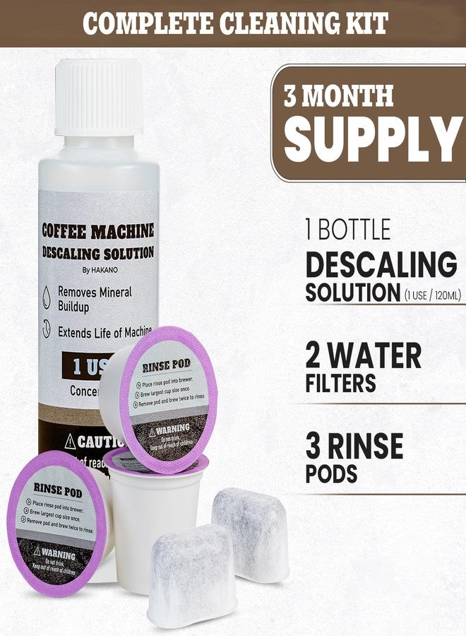 HAKANO 3 Month Brewer Care Cleaning Maintenance Kit Compatible with Keurig Coffee Makers | 1 Bottle Descaling solution| 3 Rinse Pods| 2 Water Filters - Image 2